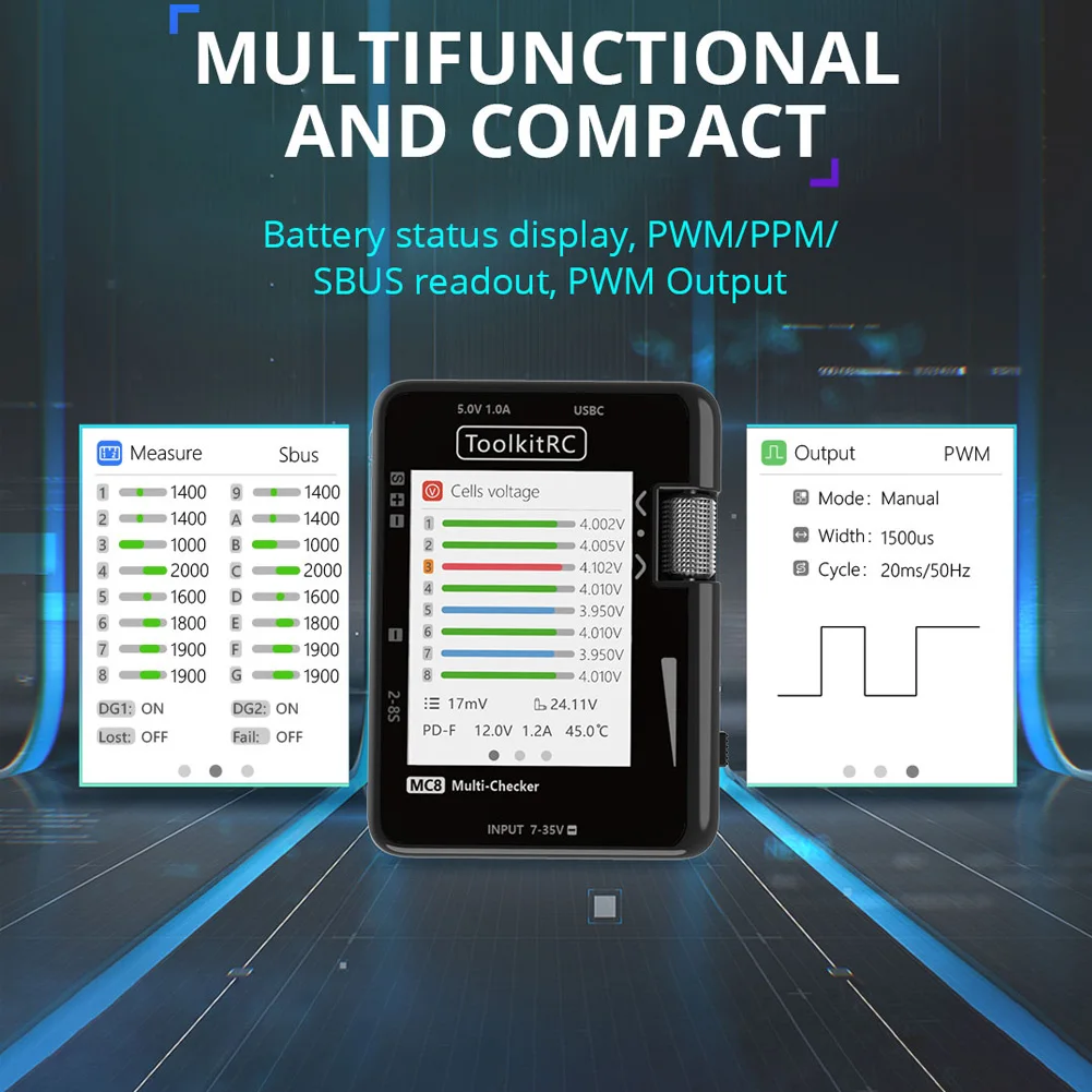 ToolkitRC MC8 Mini Size Cell checker 32 Bit Battery Multi-Checker PWM Output PPM SBUS Readout With USB-C Fast Charging