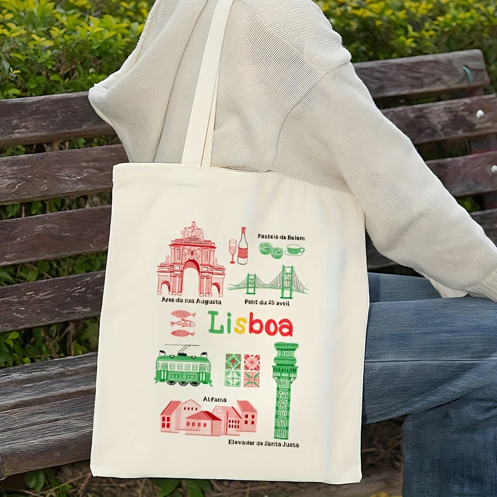 

Lisbon City Illustration Canvas Tote - A versatile shoulder bag with a historic landmark design, perfect for shopping