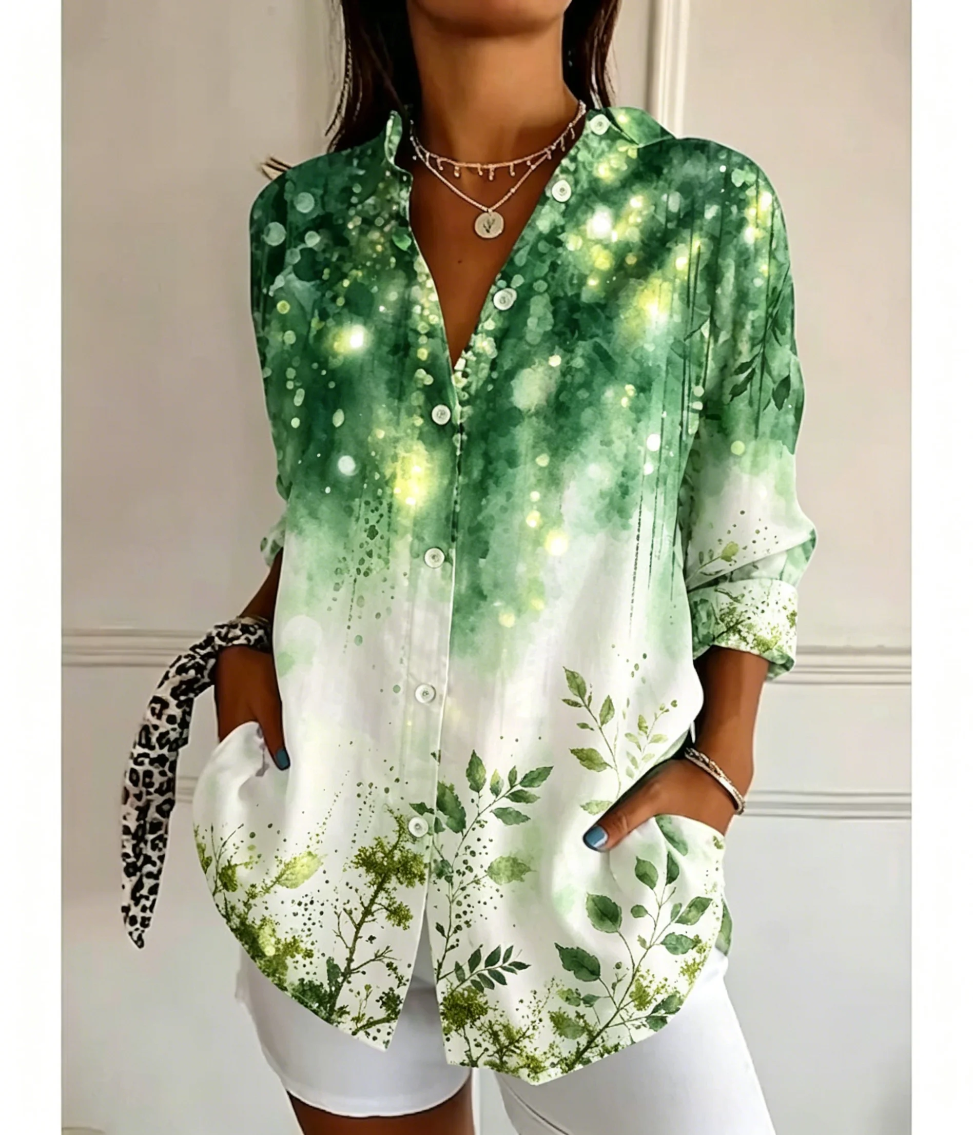 

Women's Long Sleeve Ombre Green Leaf Print Button Down Casual Shirt Elegant Daily Blouse Tops for Spring Summer