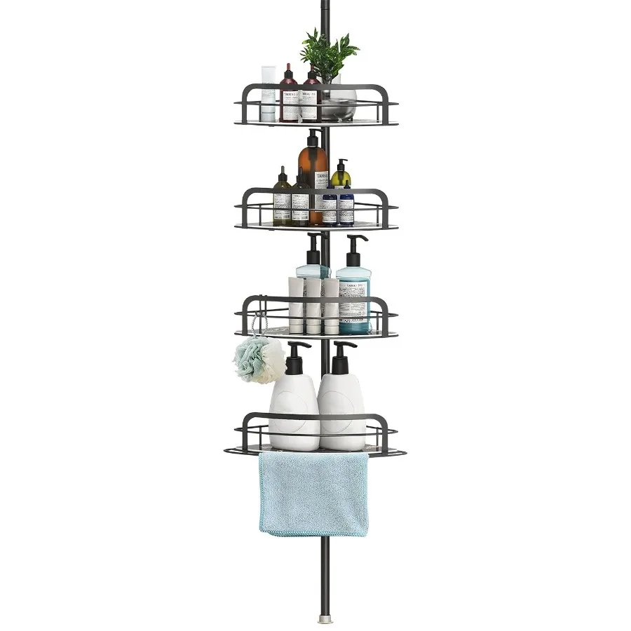 

RustResistant Corner Shower Caddy For Bathroom 4 Height Adjustable Shelves With Tension Pole Towel Bar Hanging Hook Floor Stand