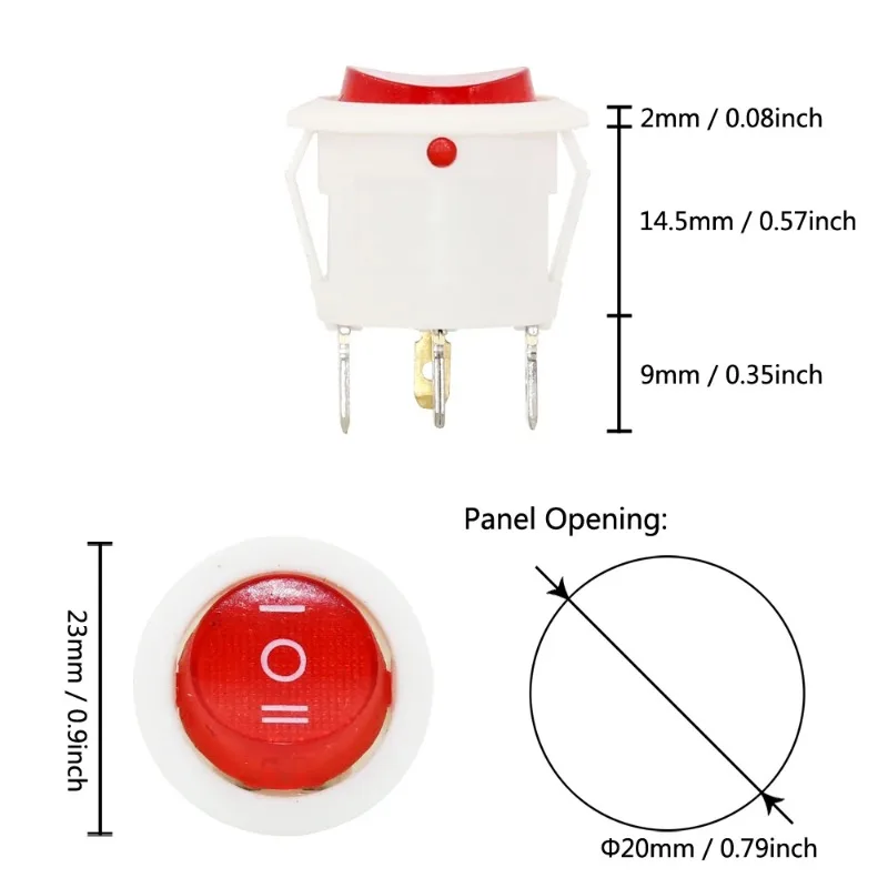 20mm Round Rocker Switch Square Base Black/Red 6A 250V DPDT Power Switches