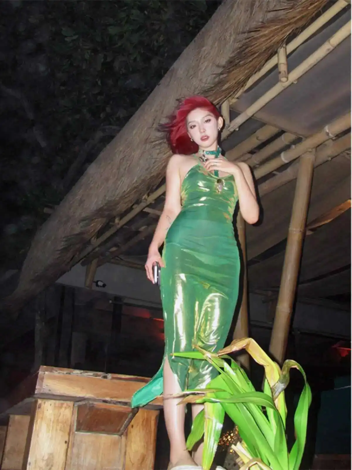 

Crazy Ladys Exclusive Sheer Green Mesh Strapless Bodycon Three-Dimensional Decorated Long Dress For Women