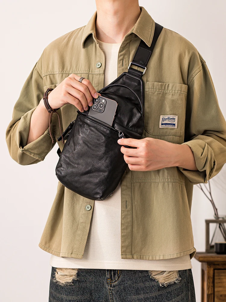 

fashion sports designer first layer cowhide men's chest bag Outdoor casual luxury soft genuine leather motorcycle crossbody bag