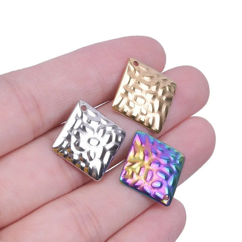 5Pcs DIY 316L Stainless Steel 20X20mm Raised Grain Diamond Rainbow Silver Gold Color Charms Pendant for Men Women