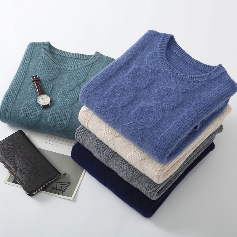

Autumn/Winter Men's 100% Pure wool Pullover Business Casual Solid Knitted Sweater Loose Round Neck Tops Thick Warm Jumper