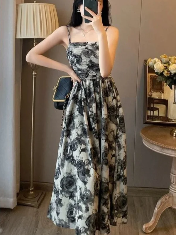 레트로 플러스 사이즈 플로럴 워터컬러 튜브 드 스트랩 웨이스트-신칭 맥시 가운 여름 디자인 센시빌리 엘레