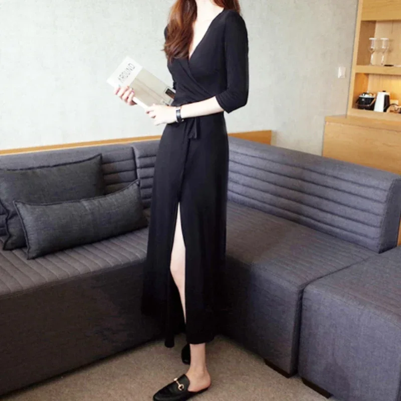 Spring/Summer 2023 Lace Up Split V-Neck Wrap Long Dresses One Piece Three Quarter Sleeve Women Holiday/Home Skirt Black Dress