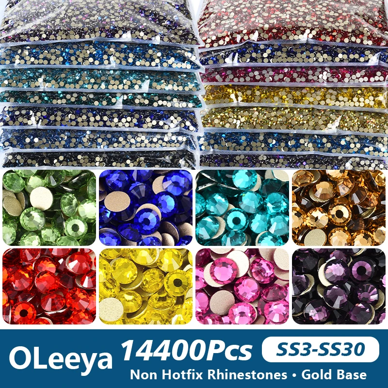 OLeeya Gold Base Wholesale Crystal Glass Rhinestones Flatback Non Hotfix Strass for 3D Nail Art Wedding Dress DIY Decor стразы