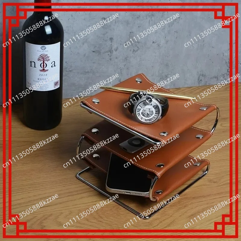 Multifunctional Leather Tray Sundries Cosmetics Jewelry Storage Iron Desktop Storage Box Finishing Living Room Home Decoration