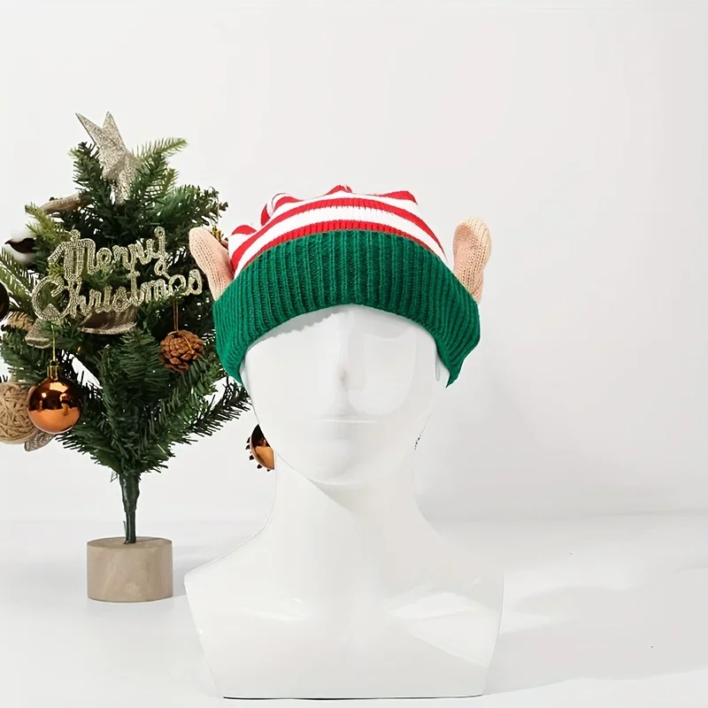 Christmas Striped Knitted Elf Hat with Ear, Red Green/Red White Pom Pom Beanie, Festive Party Headwear for Women Men Christmas