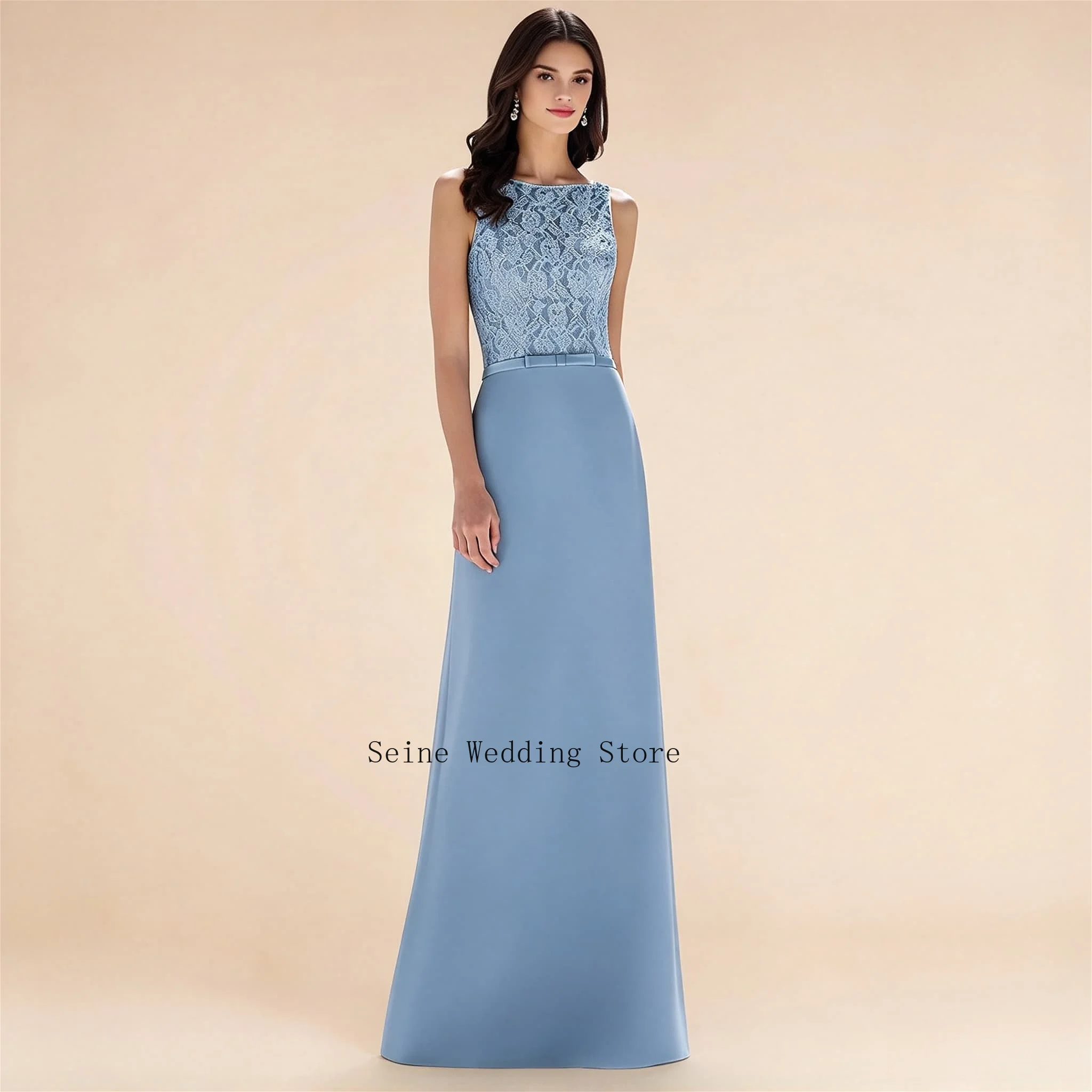 Customized Blue A Line Mother of The Bride Dress Lace Bodice Bateau Neck Sleeveless Satin Wedding Party Formal Occasion Gown