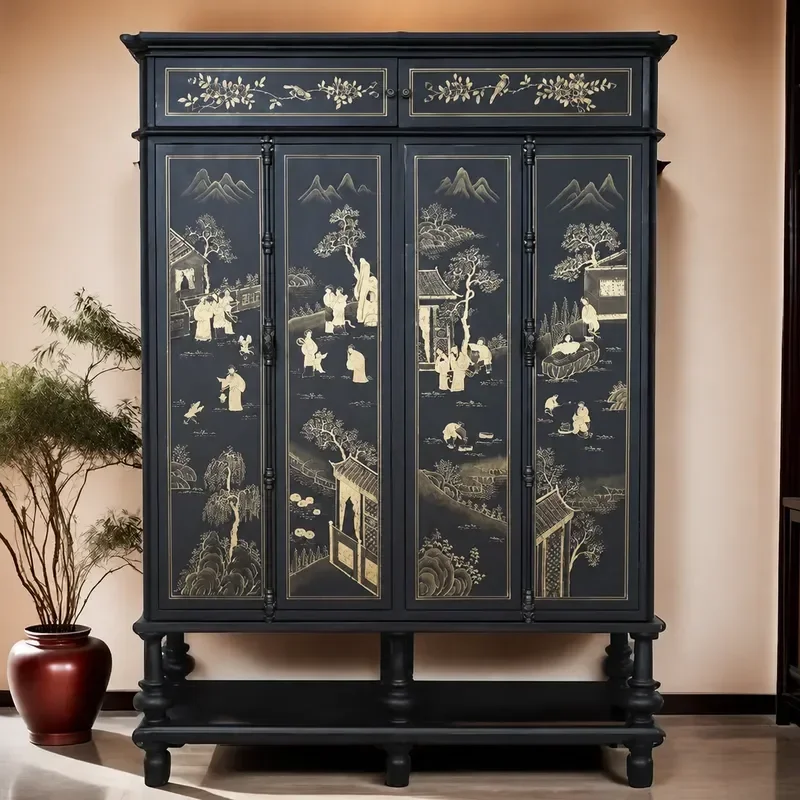 Chinese Painted Solid Wood Wardrobe Classical Retro Bedroom Locker Living Room Storage Cabinet Antique Home Furniture