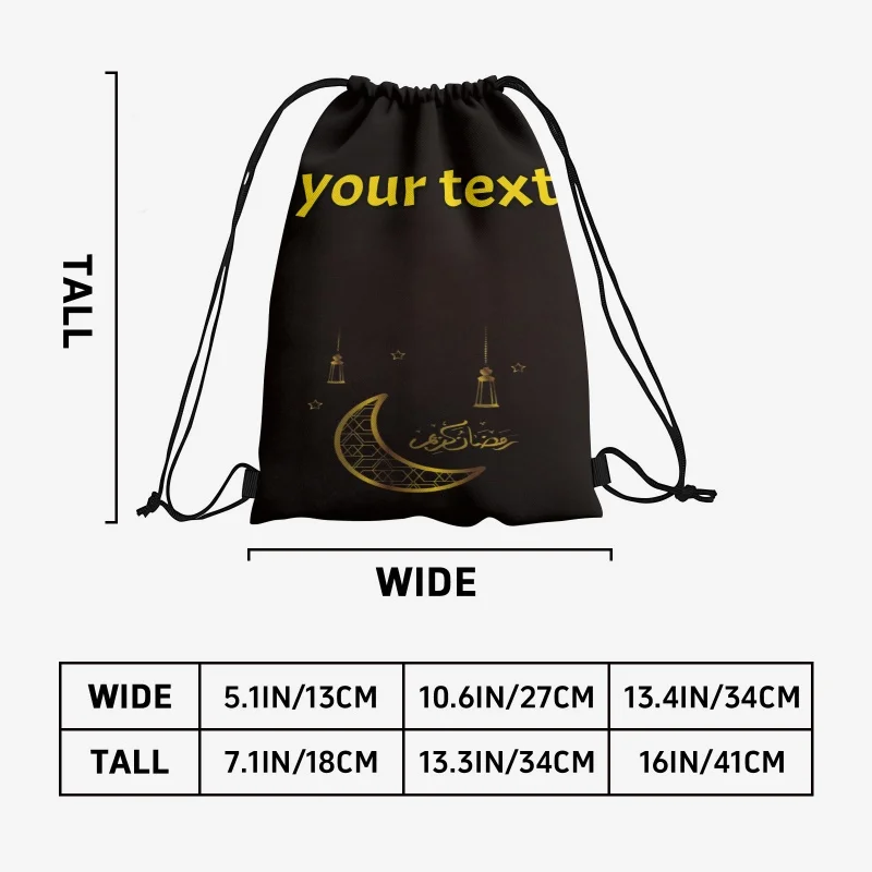 Mochila com cordão de texto personalizado de 3 tamanhos, saco de ginástica esportivo, saco de armazenamento multiuso, festival do ramadã, escola, viagens, praia, acampamento
