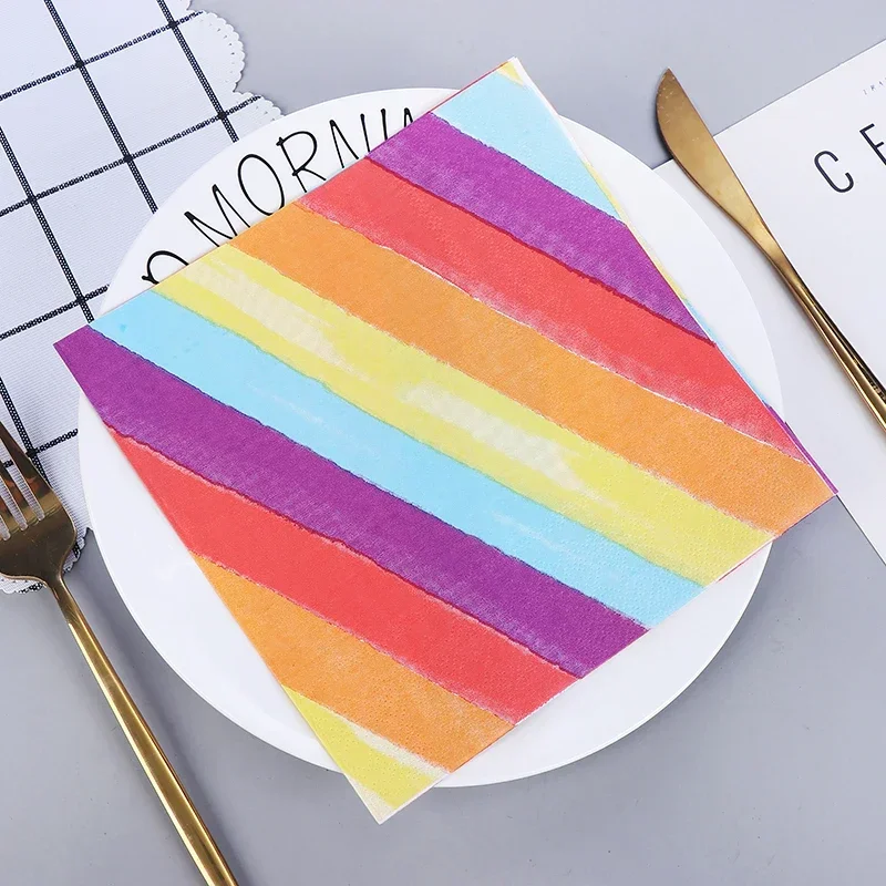 Colourful Printed Napkins Striped Printed Cloth Paper Wedding Party Tissue Rainbow 2 Layer 20pcs/pac Food Grade Paper Placemat