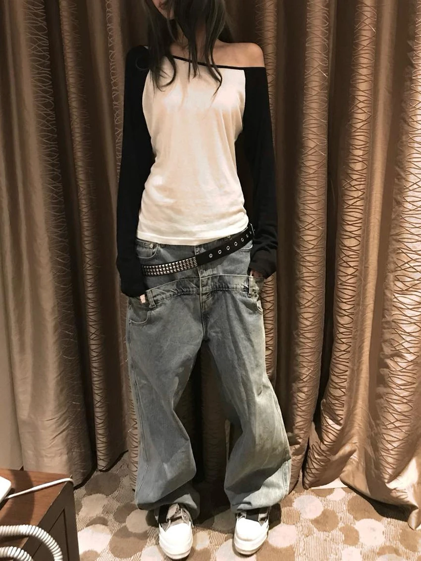 Herbst Damen Schwarz-Weiß Kontrast Off-Shoulder Tops Lange Raglanärmel Schlanke T-Shirts Y2K Ästhetik Lässige Streetwear Basic Bluse – Detail 11