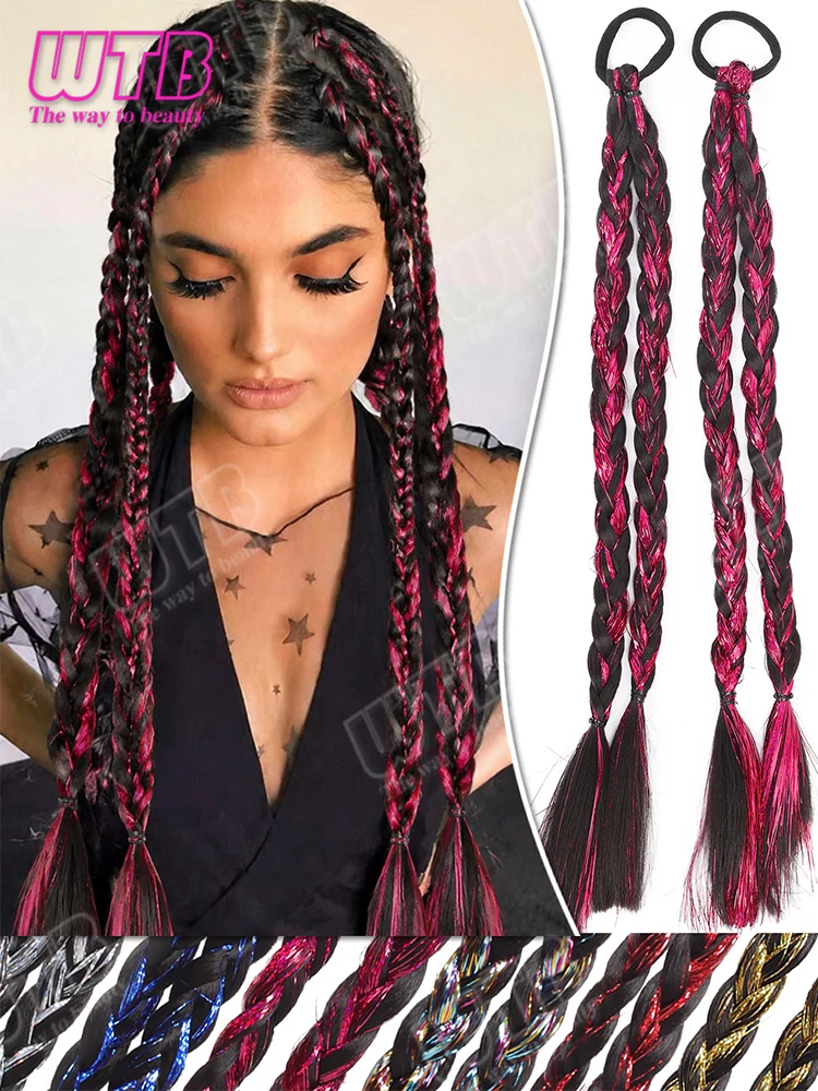 WTB Synthetic Braid Wig Highlights and Iridescent Tinsel Elastic Band Style Suitable for Women for Daily Wear Festivals Events
