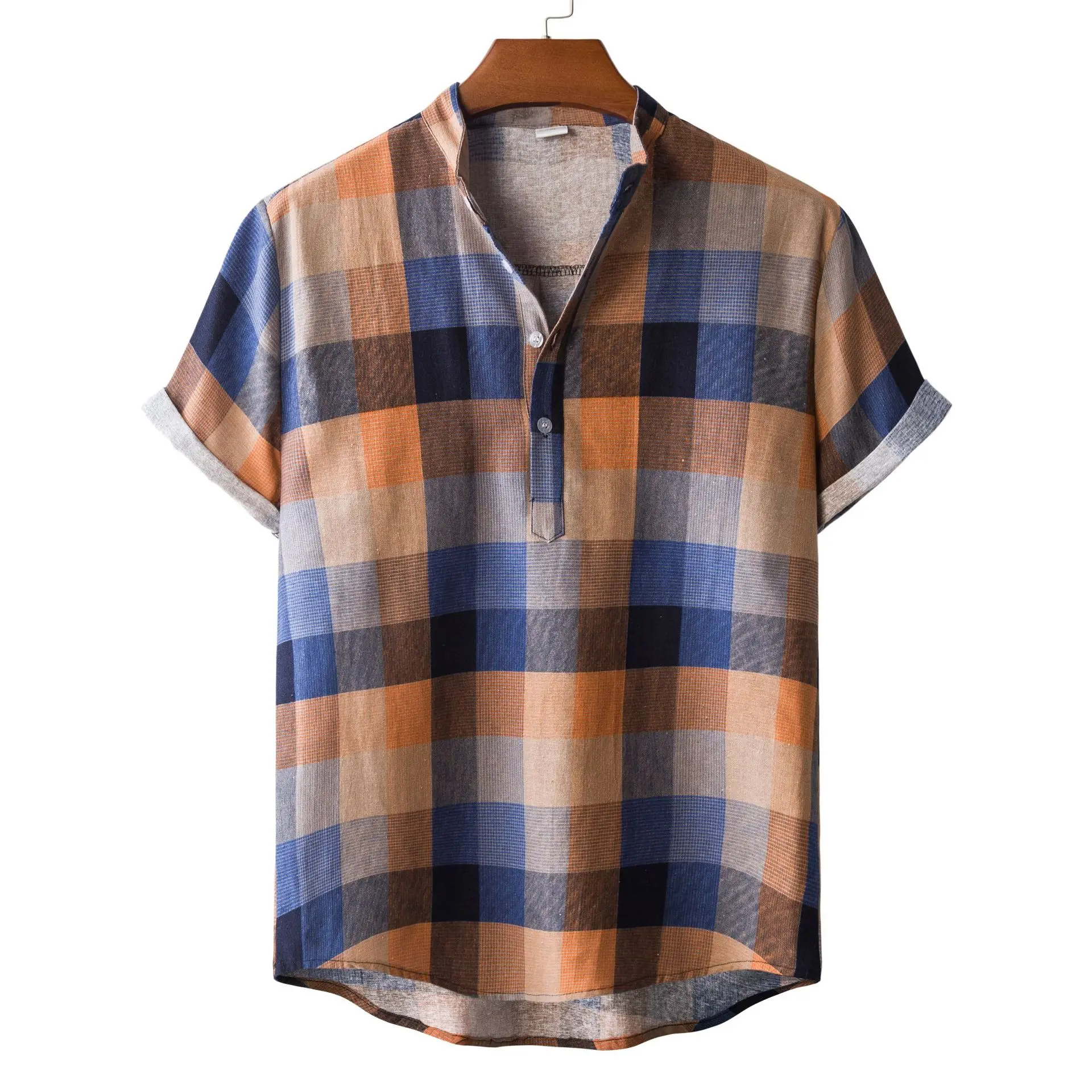 

Retro Men's Shorts Sleeve Shirts Mandarin Collar Casual Pullover Half Button Loose Plaid Comfy Shirt For Summer with Pocket