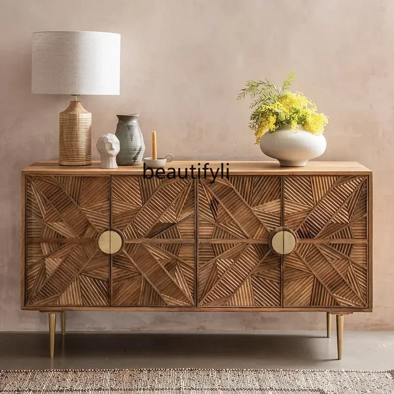 TTT American retro solid wood dining side cabinet, modern minimalist art porch cabinet, creative carved decorative cabinet