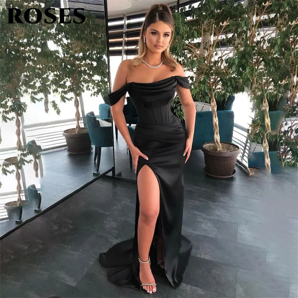 

ROSES Off the Shoulder Mermaid Black Evening Dress Stain Prom Dress with Split Strapless Pleat Floor Length فستان حفلات الزفاف