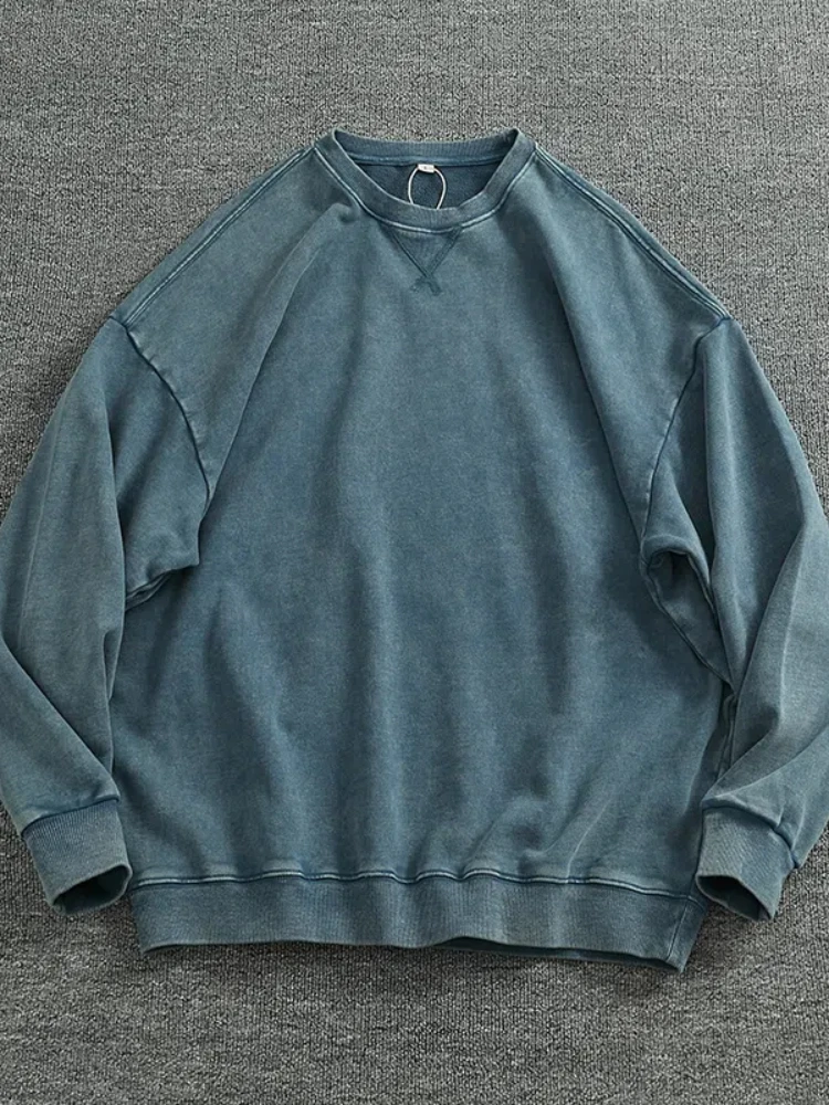 2025 Spring New American Retro Long Sleeve O-neck Heavyweight Knitted Sweatshirts Men\'s 100% Cotton Washed Old Casual Sportwear