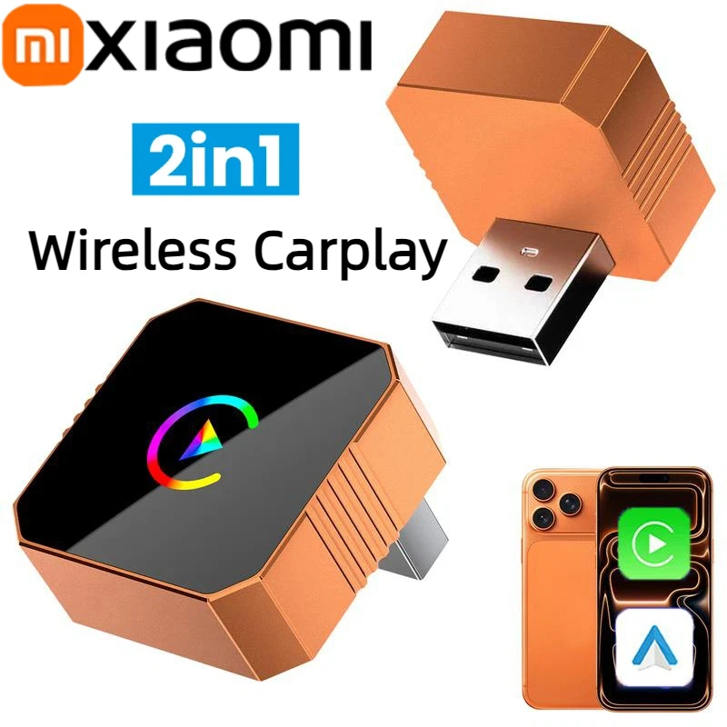 Adaptador inalámbrico Xiaomi 2 en 1 naranja CarPlay conexión rápida construcción acrílica de alta calidad para iPhone/Android apto para vehículos 99 %