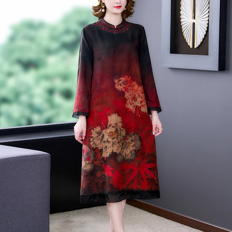 

Red Floral Vintage Summer Mulberry Silk Dress For Women Midi Tunics Elegant 2024 Korean Fashion Casual Party Maxi Vestidos