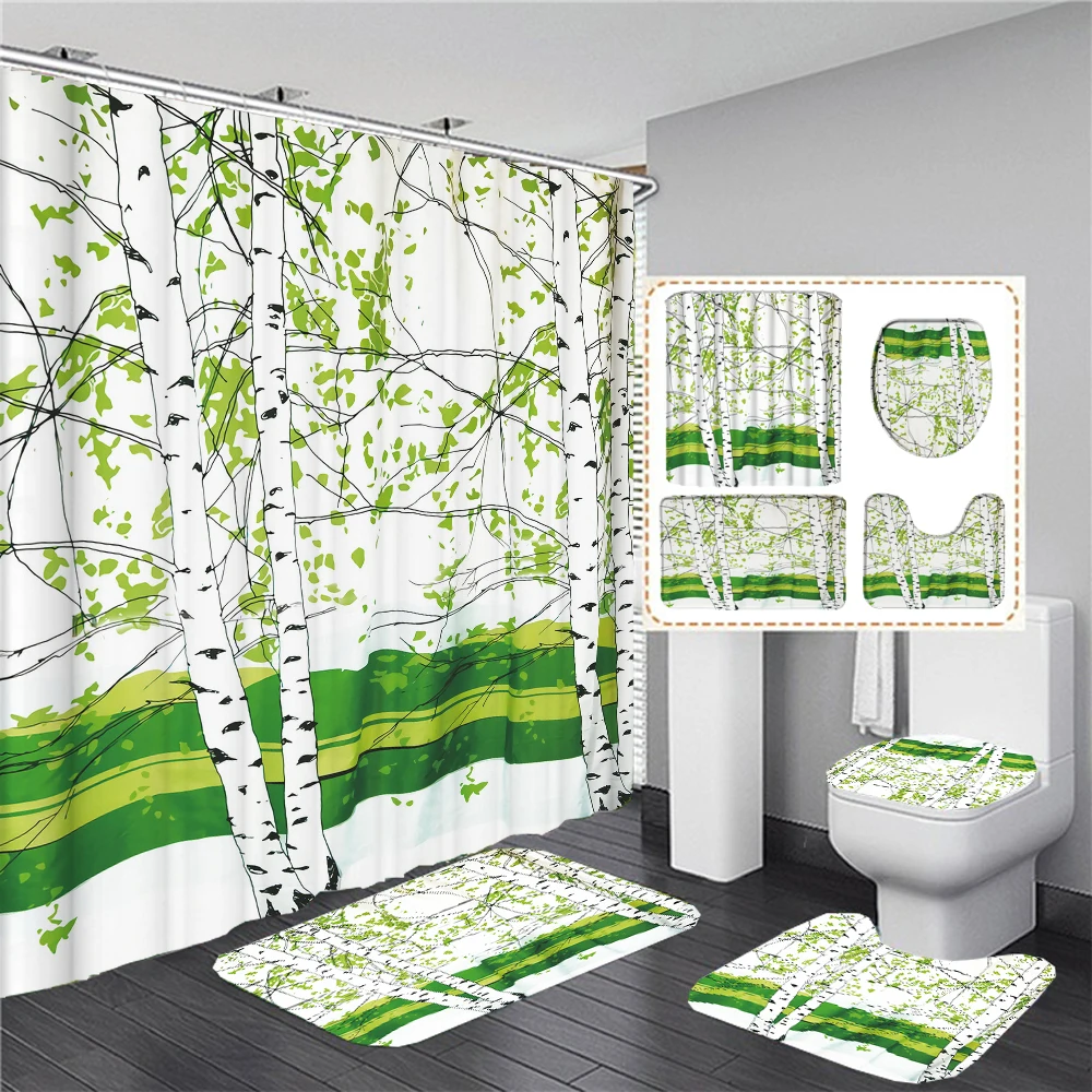 Birch Tree Print Shower Curtains Waterproof Forest Bathroom Curtain Fabric Decoration Bath Mat Set Toilet Carpet WC Accessories