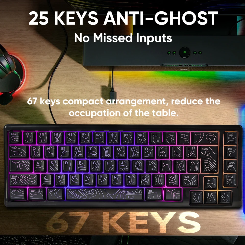 Silent RGB Gaming Keyboard 25 Anti-Ghosting Ergonomic Wired USB with Detachable Type-C Cable Multi-System Compatible