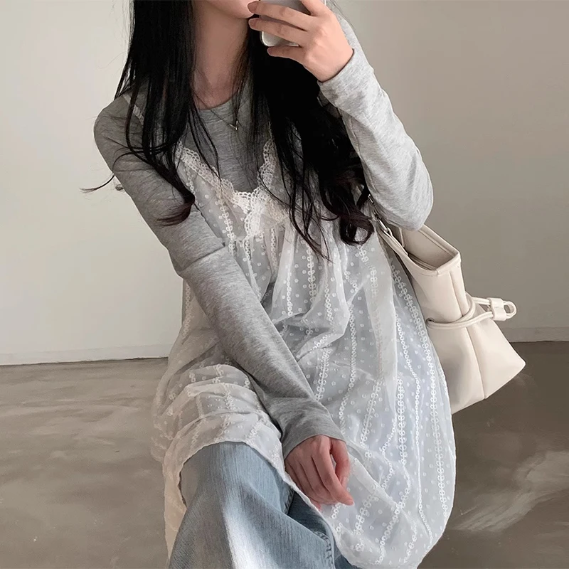 E Vestido Largo de Primavera con Cuello en V, Bordado con Encaje, Estilo Coreano, Manga Larga, Hoado, para Mujeres J...