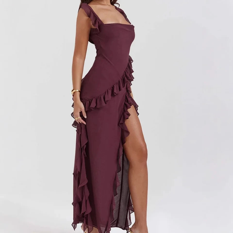 

2025 Summer New Deep Purple Ruffled Sleeveless Single Shoulder Slit Hem Draped Temperament Dress