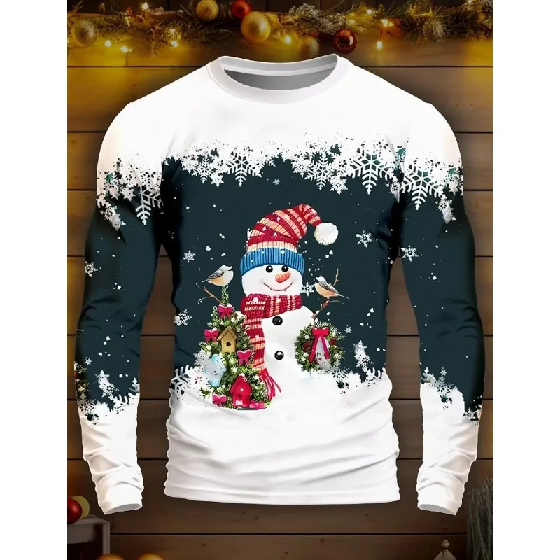 عيد الميلاد الرجال تي شيرت ثلاثية الأبعاد طباعة الأيائل/ثلج الرسومات عادية كم طويل طاقم الرقبة قميص الربيع والخريف الملابس الرسم #3