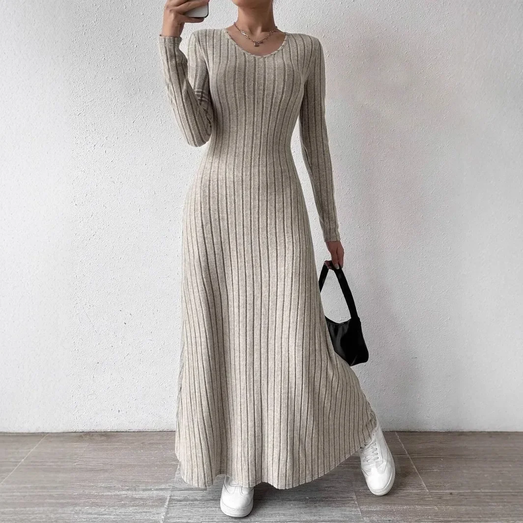 فستان عصري بلون سادة وأكمام طويلة من أمازون الأكثر مبيعًا فستان نسائي على الطراز الأوروبي والأمريكي عبر الحدود