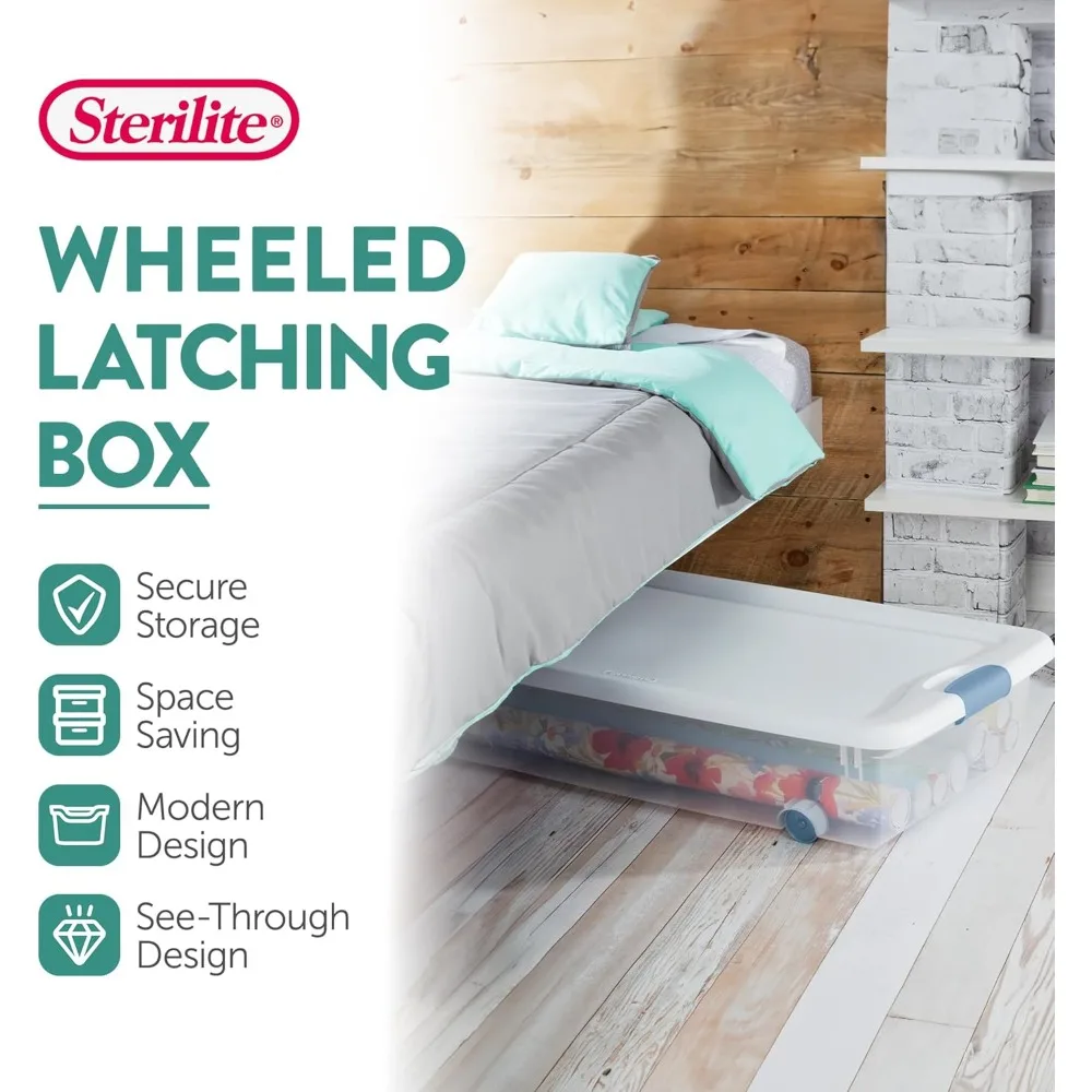 12-Pack Latching Box, Under Bed Storage Bins with Lids, Clear Plastic, 56 Quart - Heavy-Duty Organizing Container