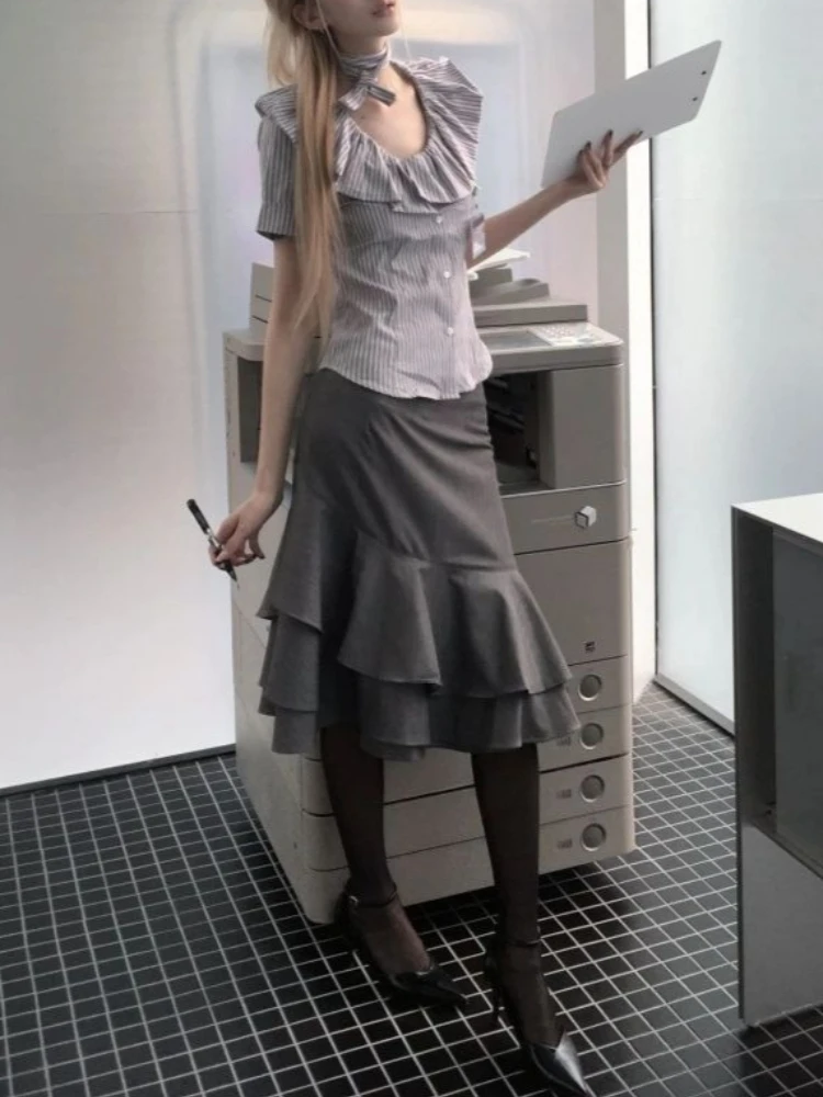 

Комплект из 2 предметов: юбка и блузка в стиле ретро, корейская мода 2026, новинка, для офиса, готика, Y2K, с оборками, весна