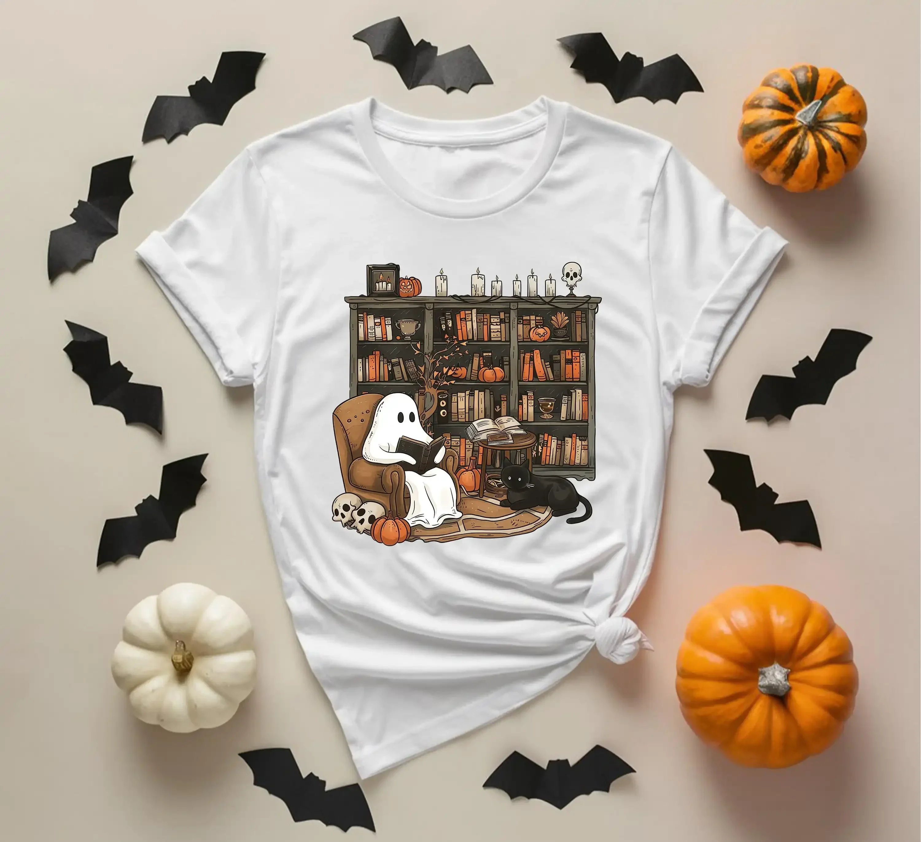 Halloween Library T Shirt Ghost Reading Book Bookshelf Ghostly Bookish Cute S Lover Hallowe