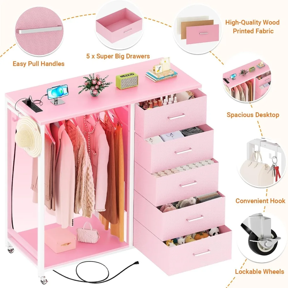 خزانة Cyclysio مع رف معلق، خزانة ذات 5 أدراج قماشية مع رف ملابس، خزانة تخزين علوية خشبية ذات أدراج مع شحن #6