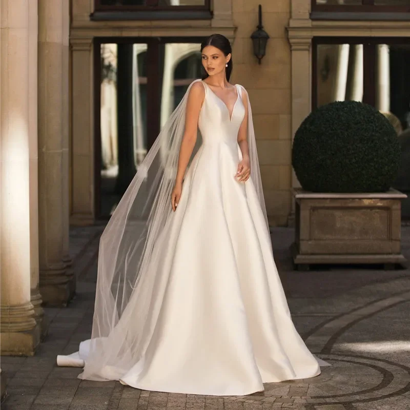 Robe de mariée Sexy en Satin, col en v, Simple, sans manches, dos nu, ligne a, robe de mariée blanche, personnalisation