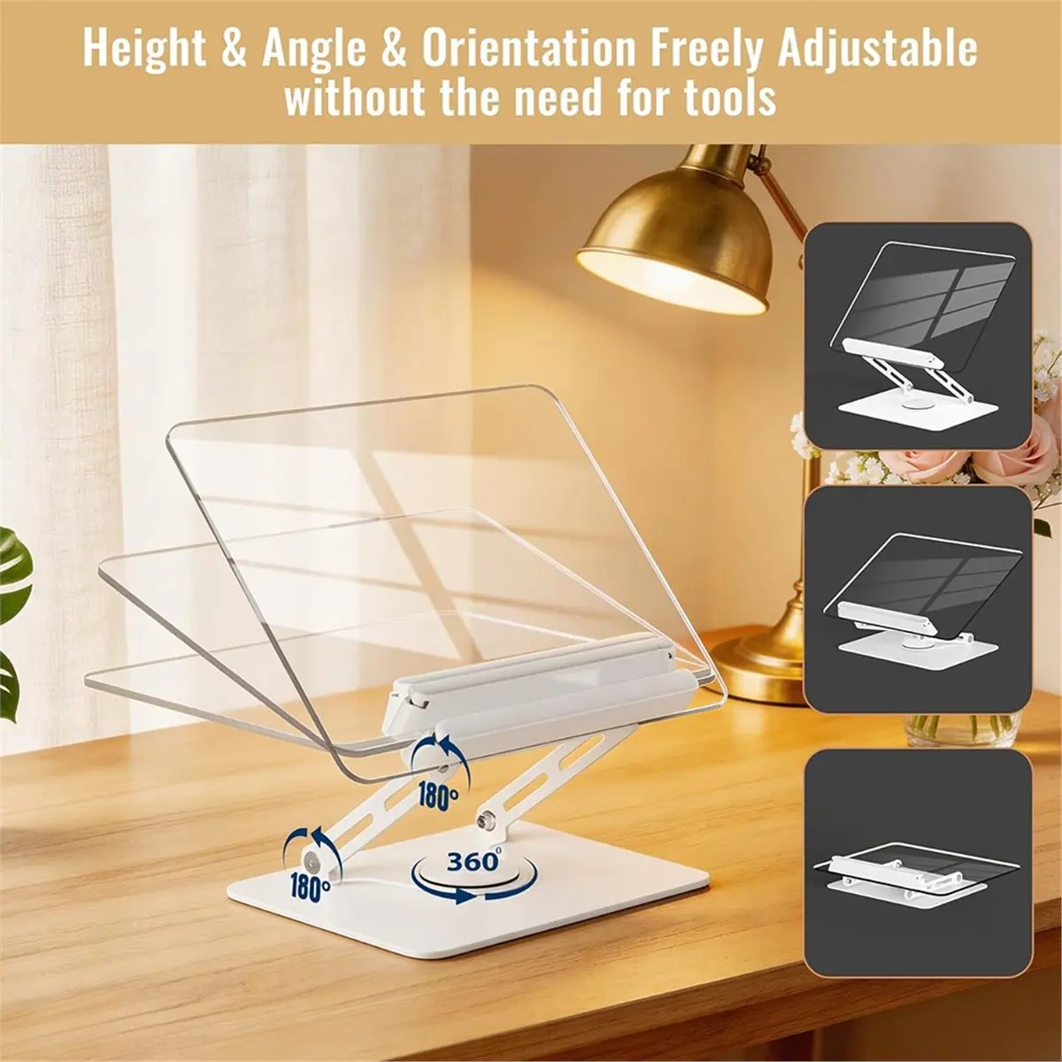 Adjustable Acrylic Book Stand for Reading, 360° Rotating Base, Hands-Free Cookbook Stand for Laptop, Tablet,Music Score