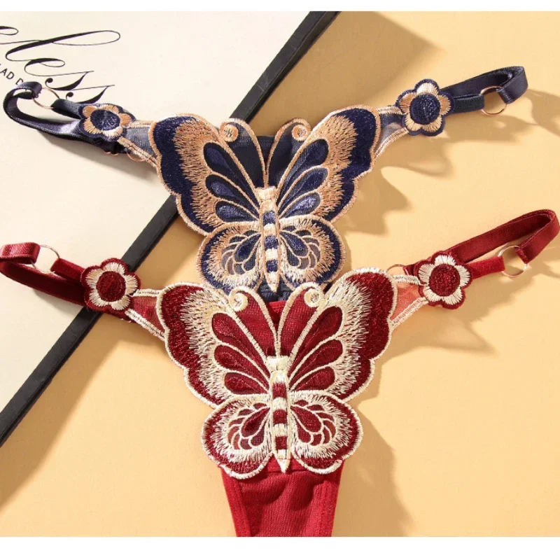 String Sexy en dentelle pour femmes, culotte taille basse papillon, cordes G, slip en maille transparente, taille réglable