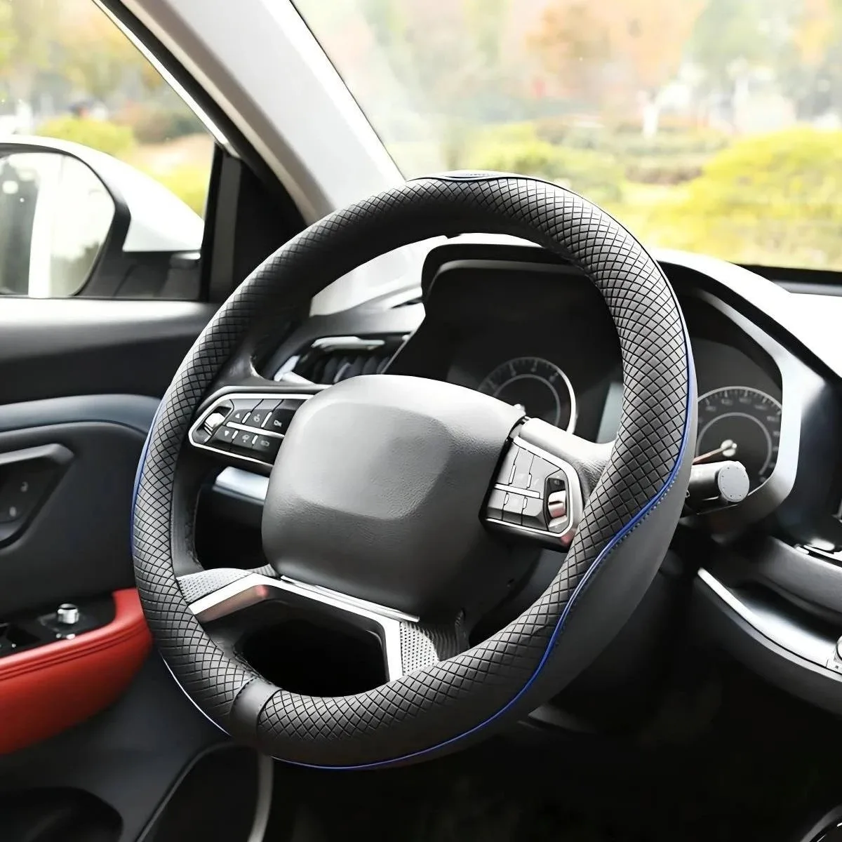 O/D Microfiber Leather Steering Wheel Cover Anti-skid Embossed Pattern Universal 15 Inch Suitable for Most Cars
