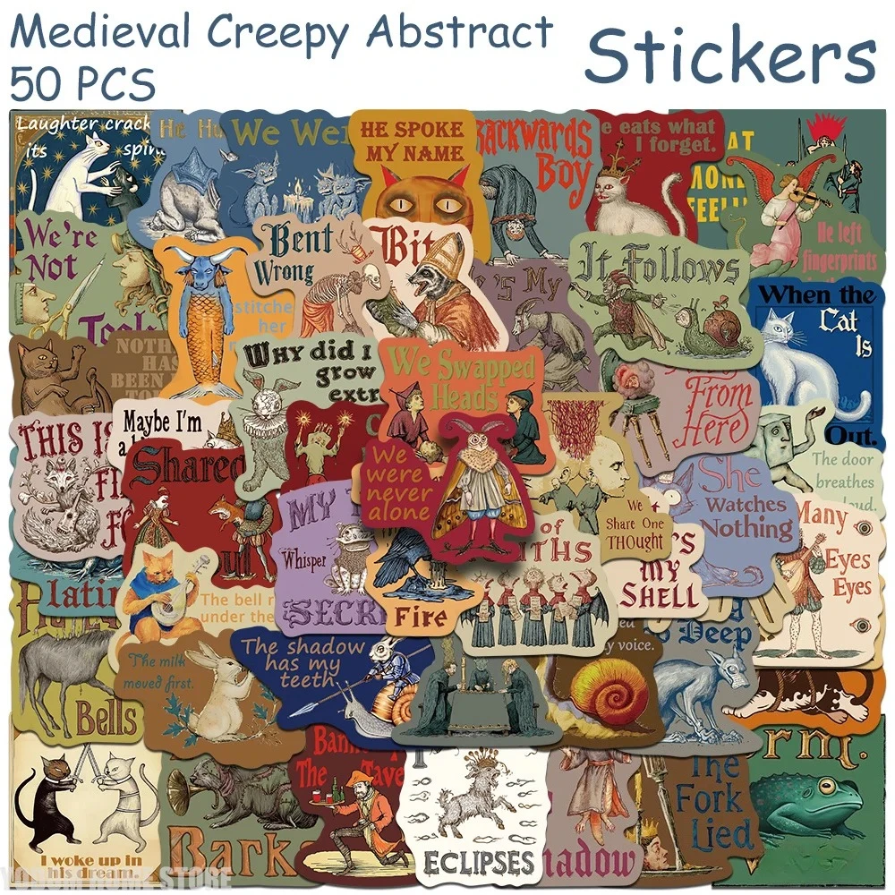 50pcs Medieval Creepy Abstract Stickers Decals For Phone Scrapbook Suitcase Skateboard Helmet DIY Retro Waterproof Stickers 2025