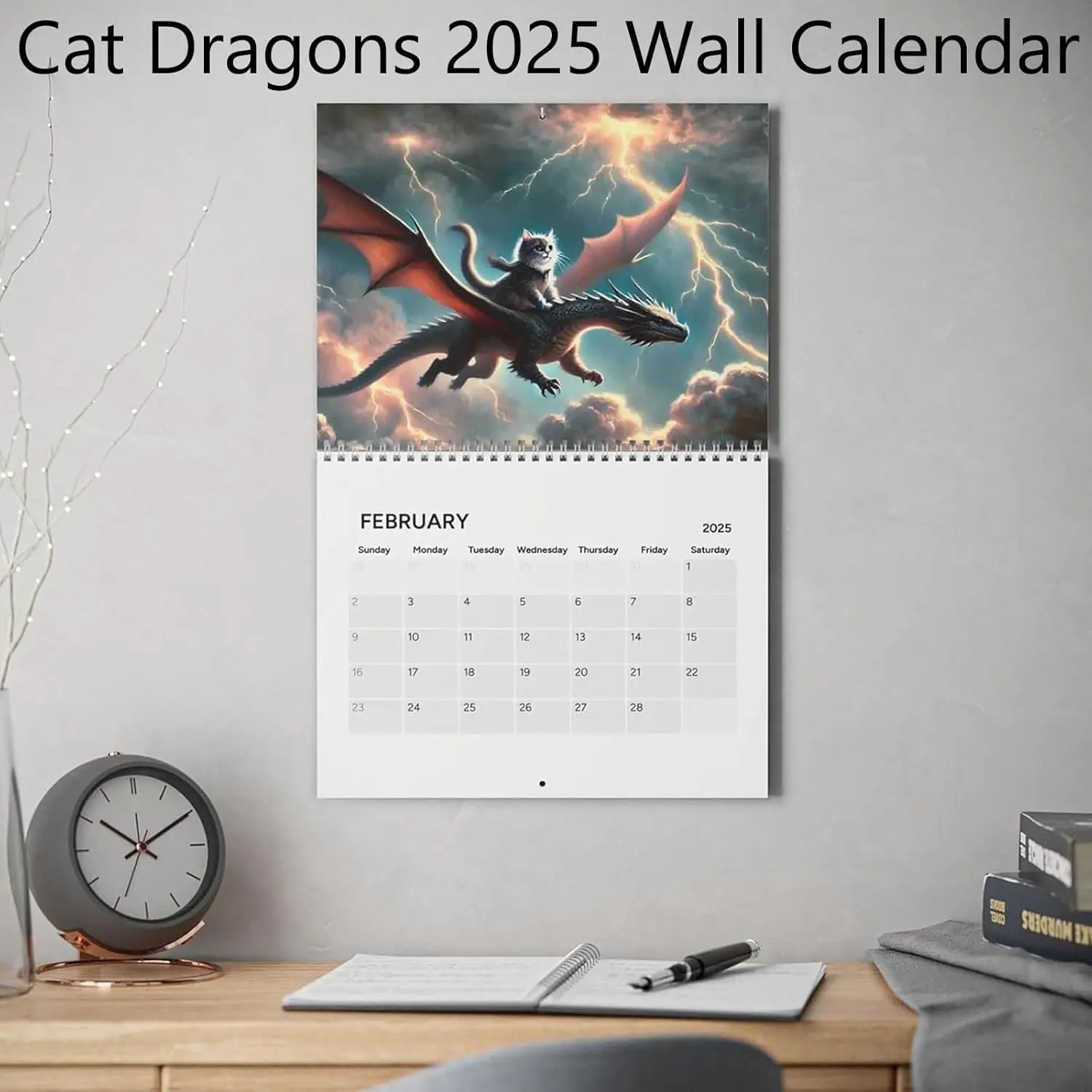 2025 Cat Dragon Rider Calendar, Cat Dragons  Wall Calendar, Cat Dragon Rider Spiral Binding Calendar , Funny Cats Calendar