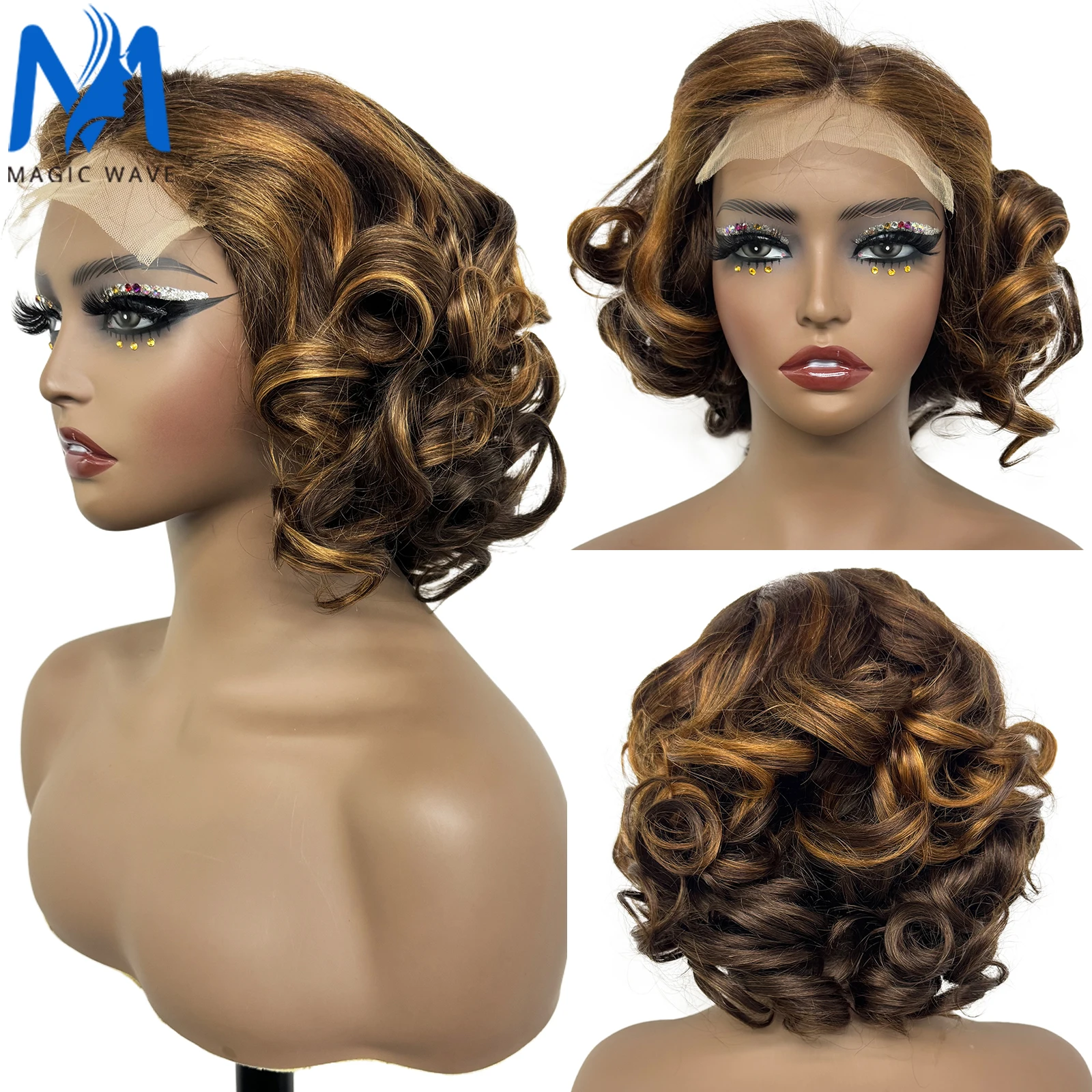 

5x5 Lace Closure Highlight Bouncy Wavy Curly Human Hair Wig 250% Density Short Loose Wave Remy Human Hair Wig for Black Women