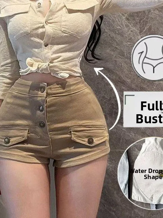 High Waist Khaki Denim Shorts for Women Summer New Style Multi-Buckled Commute Slimming Hot Pants Versatile Bodycon Shorts