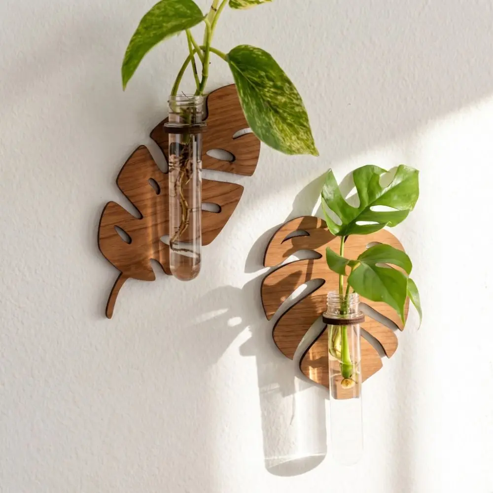 Wooden Hydroponic Planter Shelf Home Ornaments Leaf Shape Wall Mounted Planter Geometric Hollow Out Flower Pot Living Room