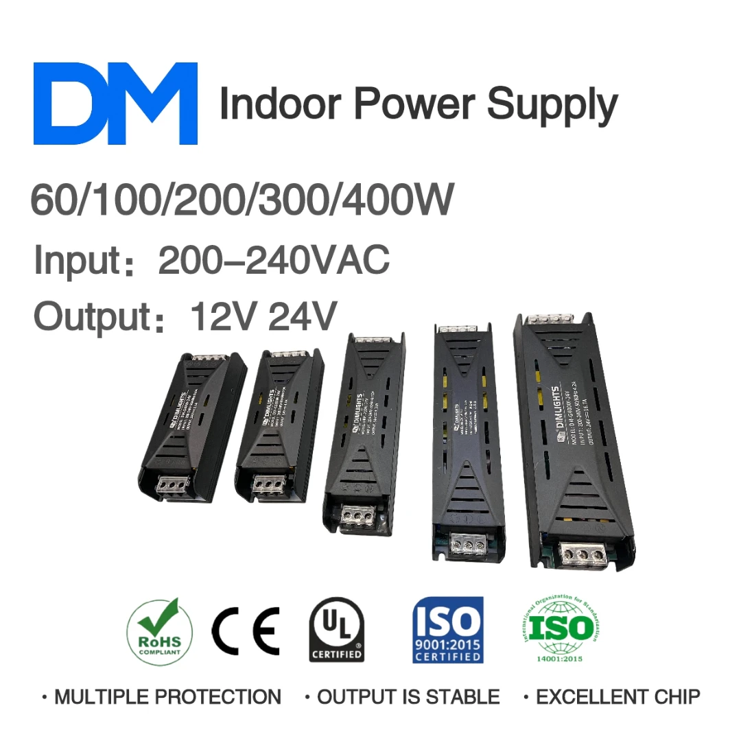 

AC200-240V to DC 12V/24V 60W 100W 200W 300W 400W Indoor Switching Power Supply 100% Power Load LED Light Driver