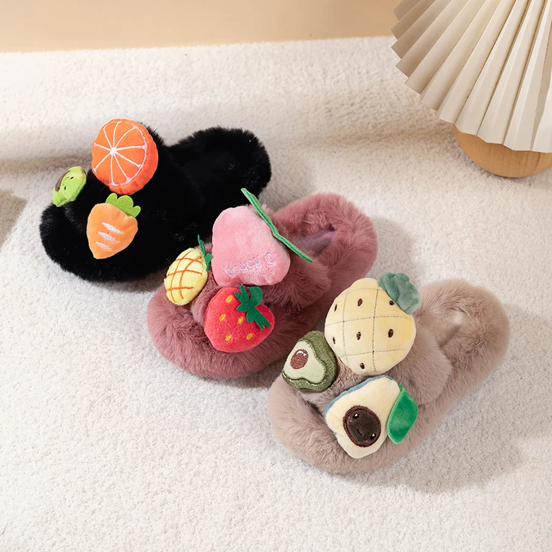 

Kids Slippers with Sweet Fruits Children Warm Shoes Bedroom Indoor 2025 Winter New Boys Girls Fashion Slippers Plush Comfortable