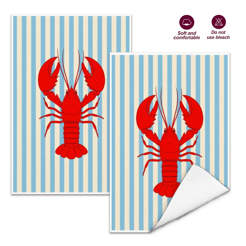 2Pcs, Red Lobster Striped Kitchen Towels, 40Cm*60Cm Towel Set, Best Kitchen Towels, Super Absorbent Soft Cleaning Cloth, Cooking and Baking Tea Towel, Hand Towel, Cleaning Cloth, Dishcloth, Kitchen Decoration, Living Room Decorations, Kitchen Essentials, Home Essentials