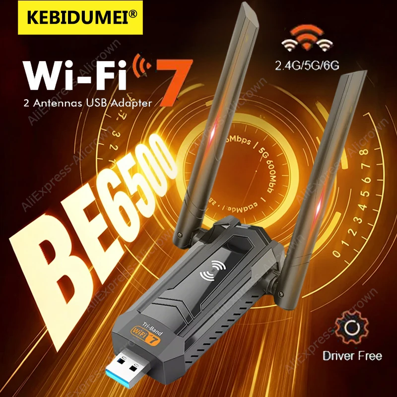 

USB-адаптер KEBIDUMEI WiFi7 BE6500, Wi-Fi карта 2.4G/5/6 ГГц, 2*4dbi антенны, сетевая карта 6500 Мбит/с, 802.11BE, без драйверов, для Win10/11