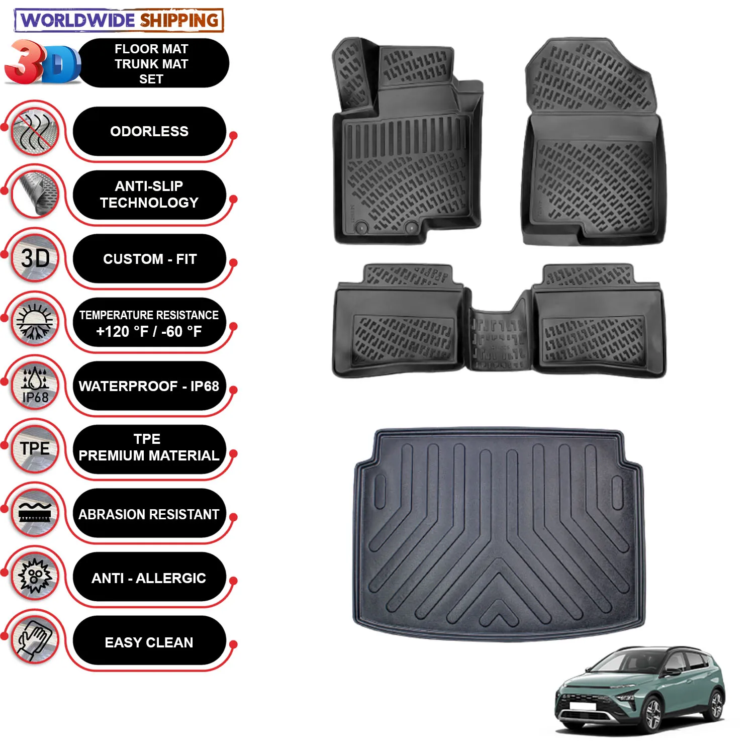 Hyundai Bayon - (2021-2023) - Floor Mats + Cargo Trunk Liner - SET - (Black)